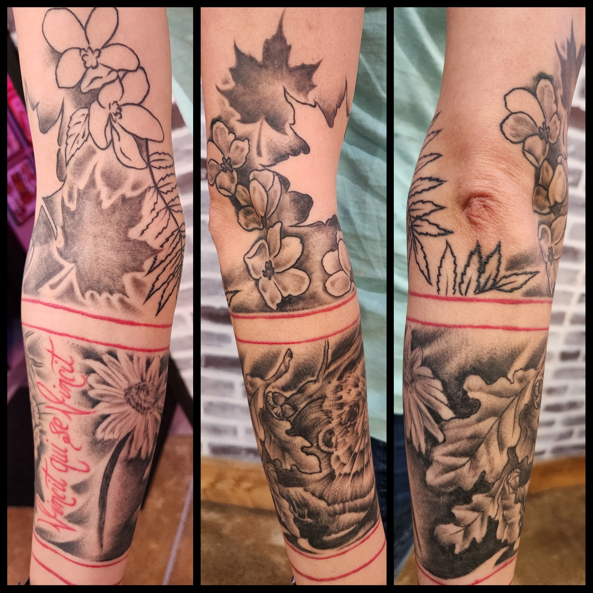 Black-and-grey floral and nature half-sleeve tattoo, three-panel montage