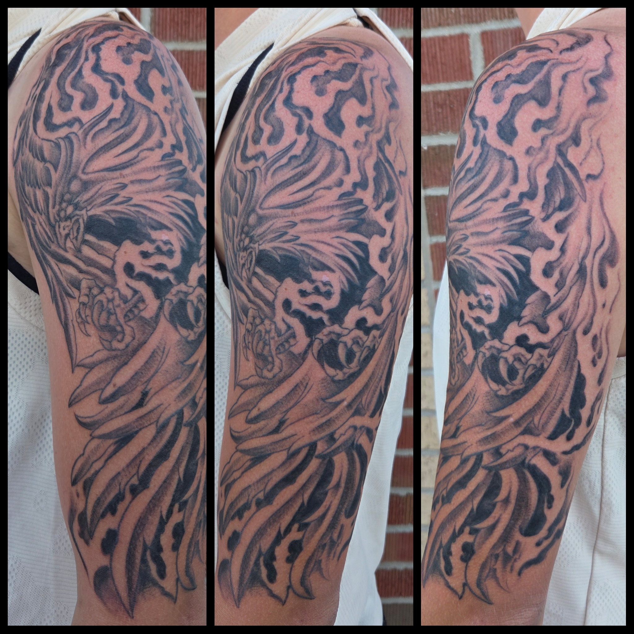 Black-and-grey phoenix and flame half-sleeve tattoo, three-panel progress montage by a Forever Ink artist